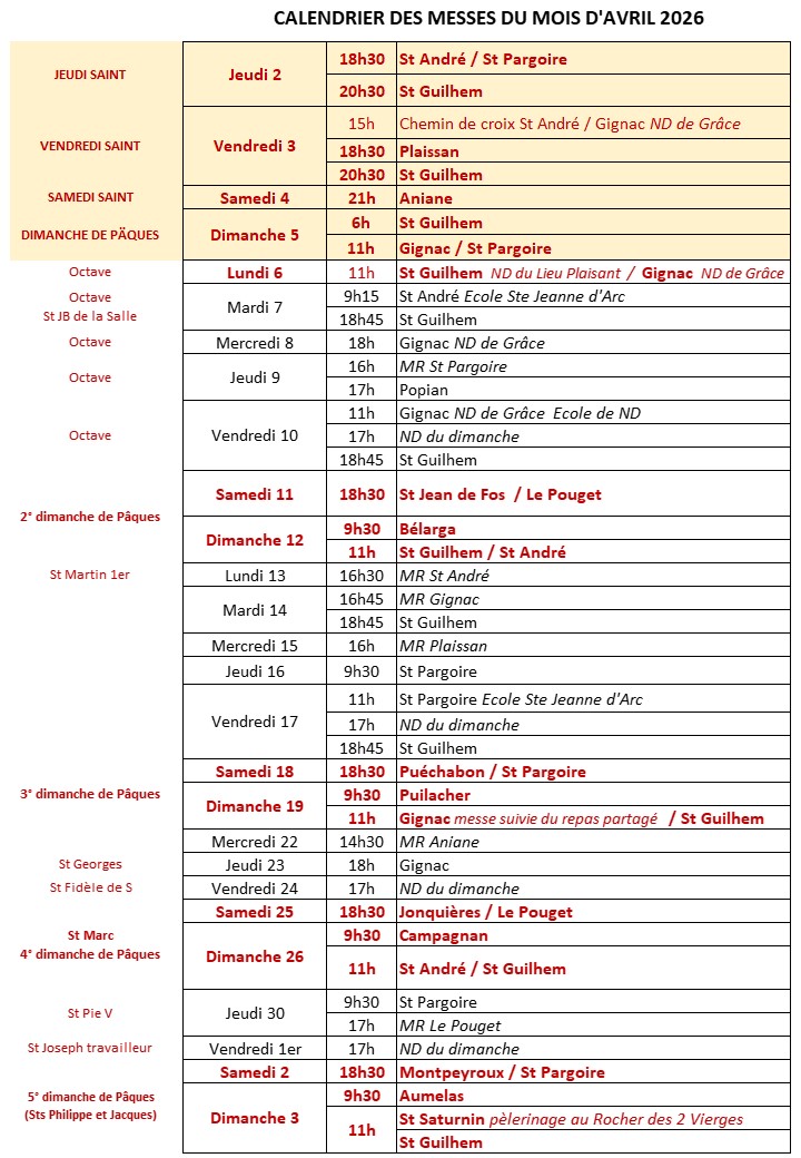 Calendrier des messes avril 2026