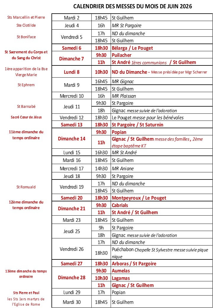 Calendrier des messes juin 2026