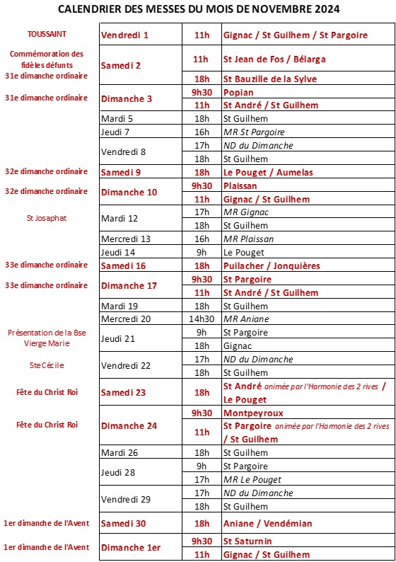 Calendrier messes Novembre 2024